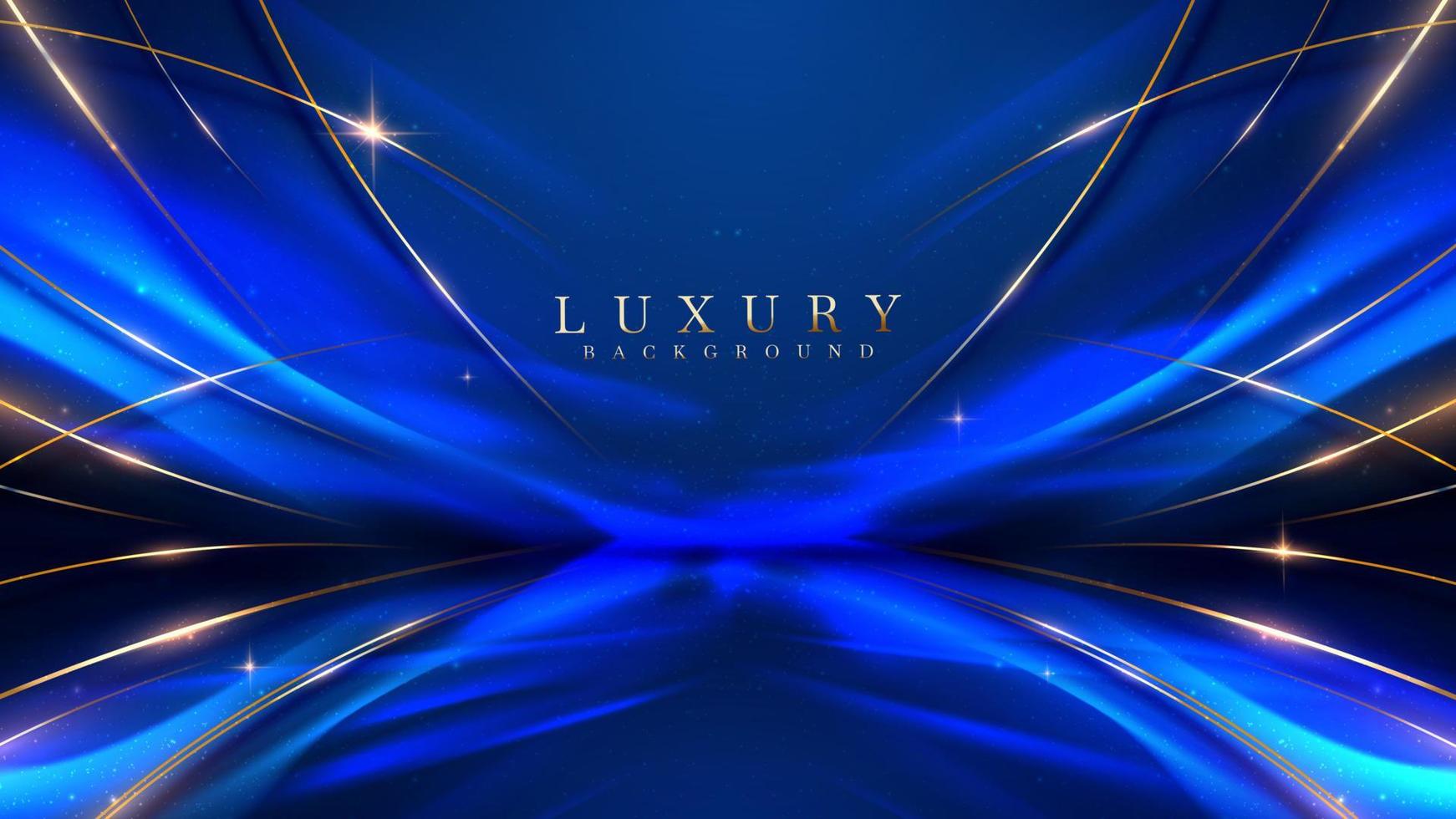 fondo de lujo azul con decoración de línea dorada y efecto de luz curva con elementos bokeh. vector