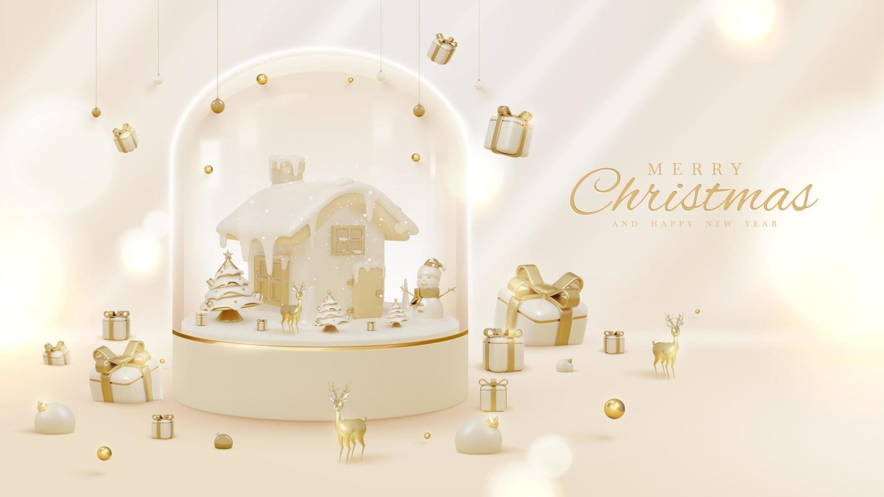 Luxury style background with 3d realistic christmas ornaments in glass bottle on podium with snow elements and glitter light effect decorations and bokeh. Vector illustration.