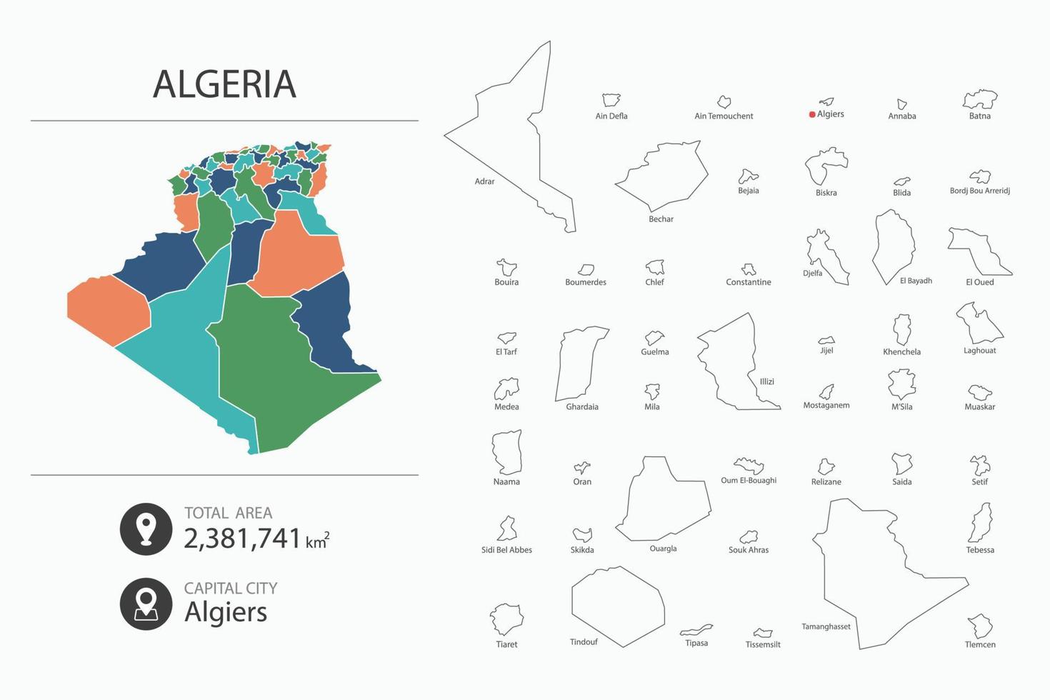 Map of Algeria with detailed country map. Map elements of cities, total areas and capital. vector