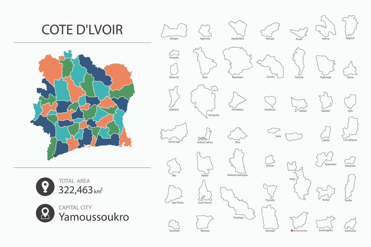 Map of Cote d-Ivoir with detailed country map. Map elements of cities, total areas and capital. vector