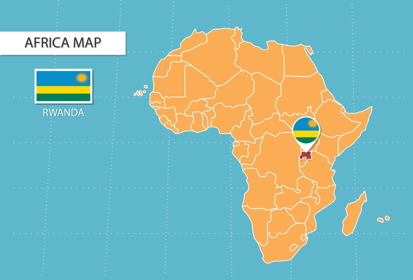 Rwanda map in Africa, icons showing Rwanda location and flags. vector