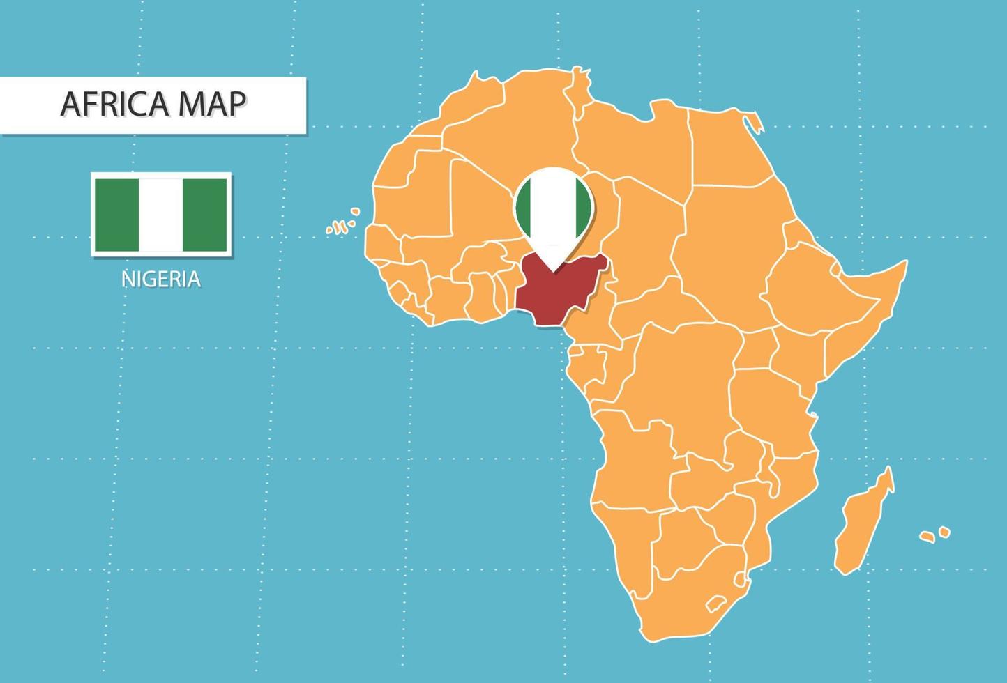 mapa de nigeria en áfrica, íconos que muestran la ubicación y banderas de nigeria. vector