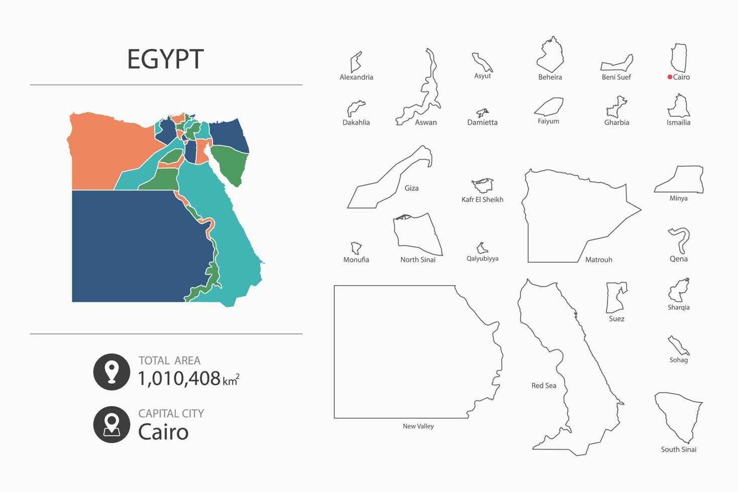 mapa de egipto con mapa detallado del país. elementos del mapa de ciudades, áreas totales y capital. vector