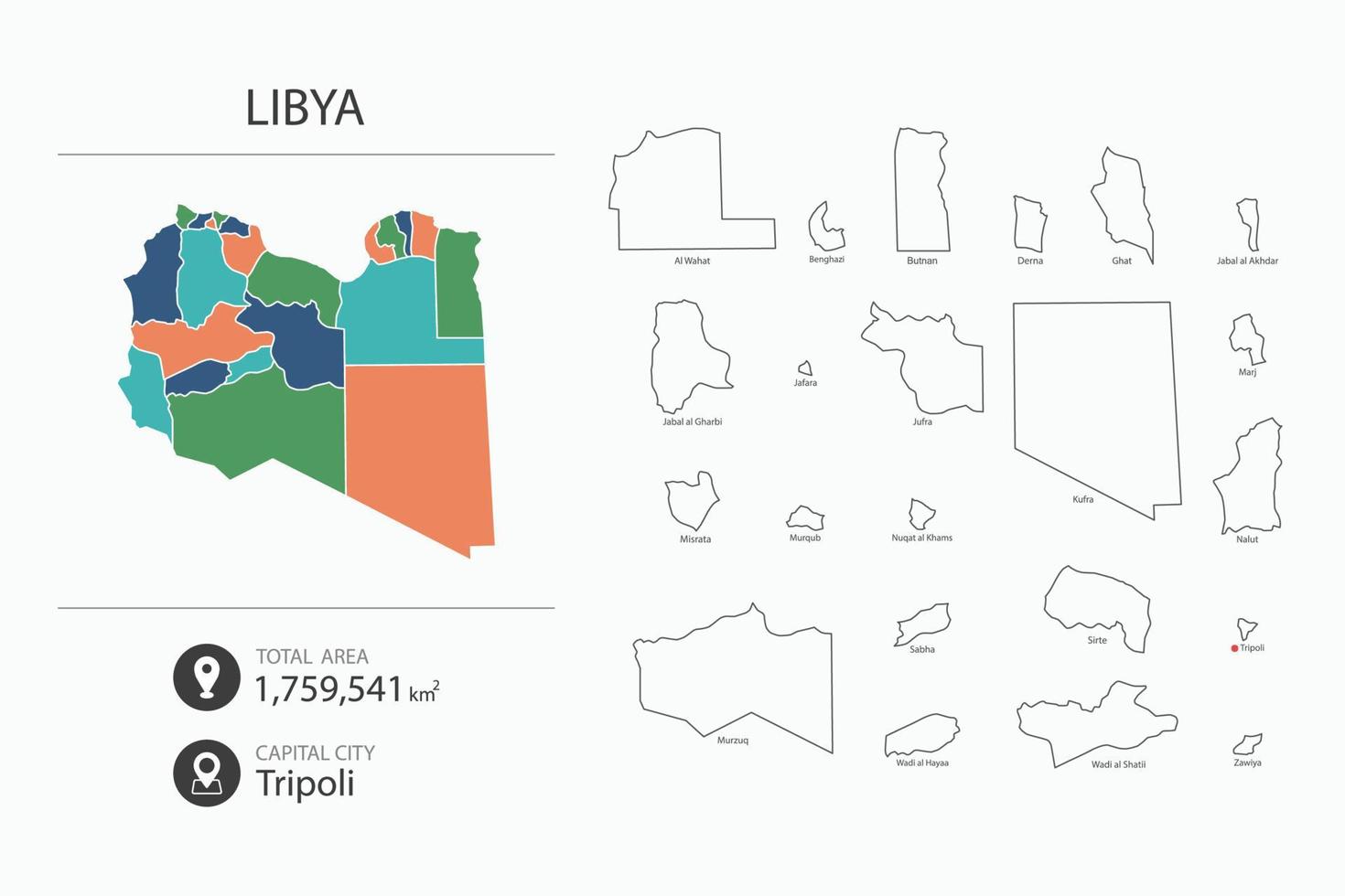 mapa de libia con mapa detallado del país. elementos del mapa de ciudades, áreas totales y capital. vector