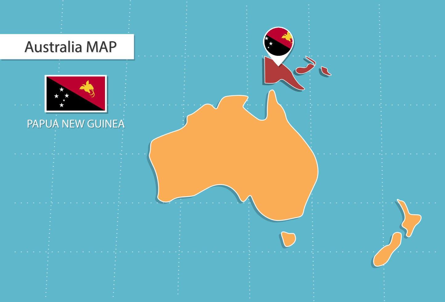 mapa de papúa nueva guinea en australia, íconos que muestran la ubicación y las banderas de papúa nueva guinea. vector