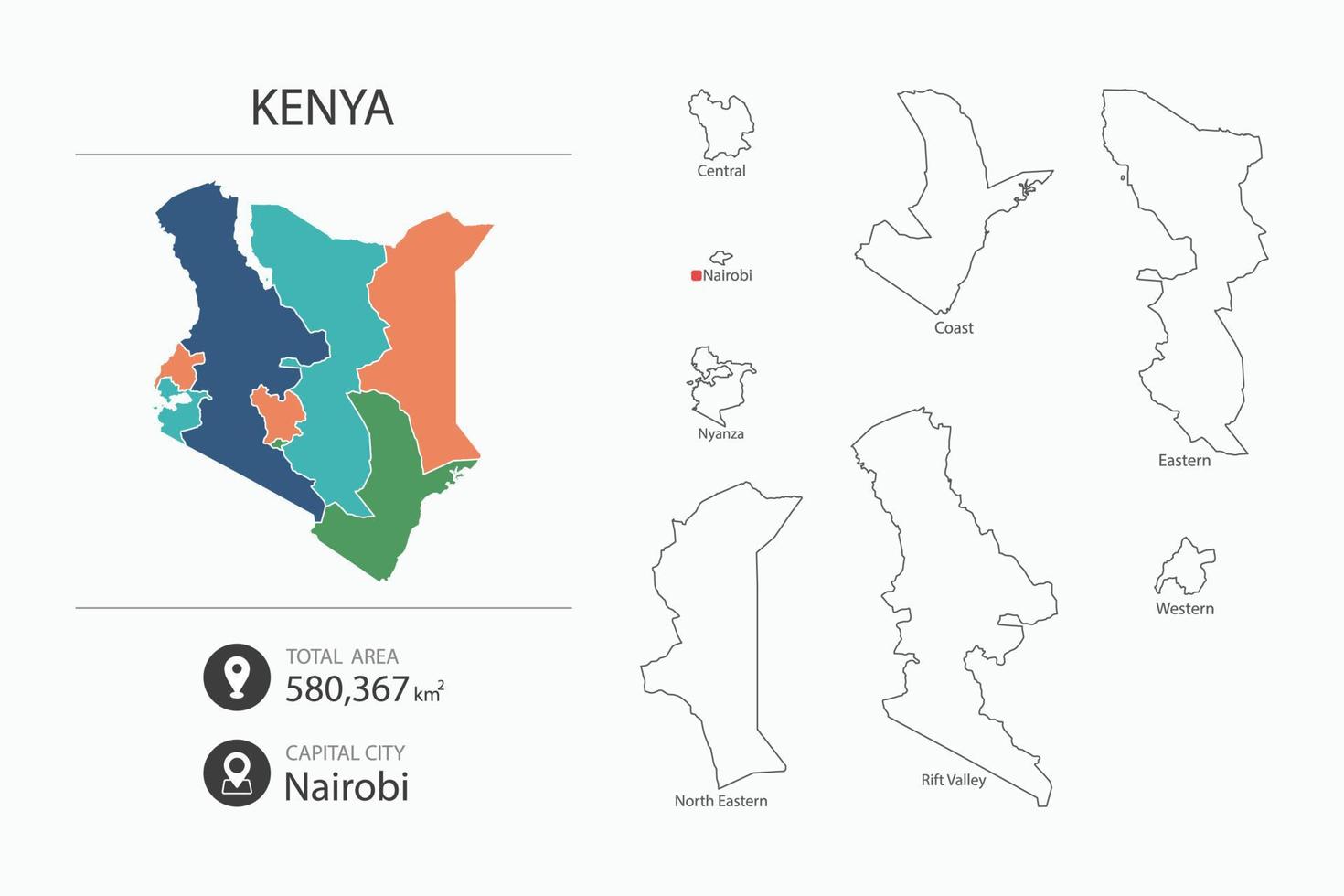 mapa de Kenia con un mapa detallado del país. elementos del mapa de ciudades, áreas totales y capital. vector