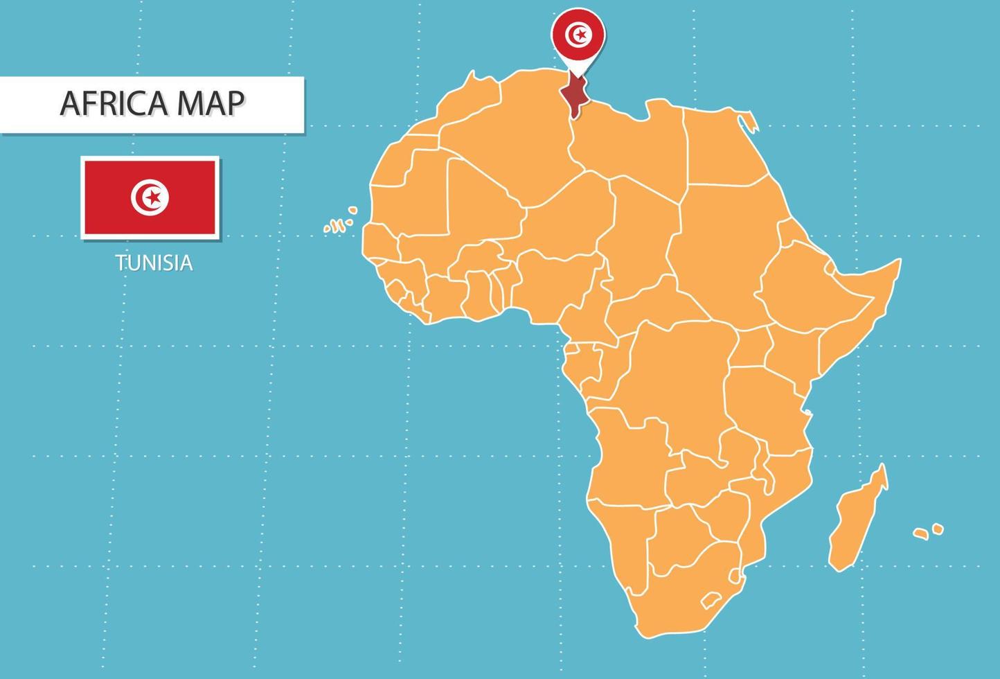 mapa de túnez en áfrica, íconos que muestran la ubicación y banderas de túnez. vector