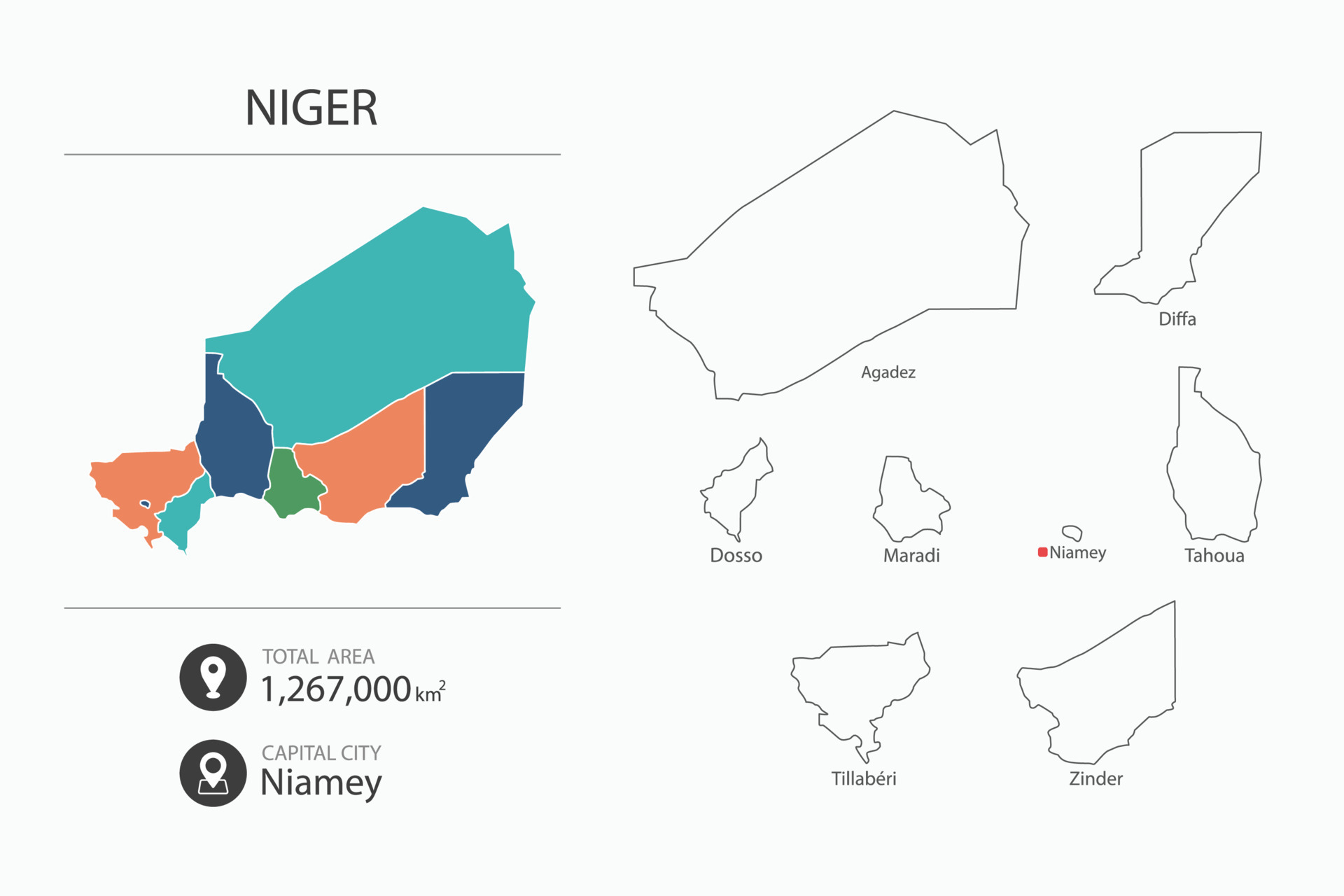 Map of Niger with detailed country map. Map elements of cities, total