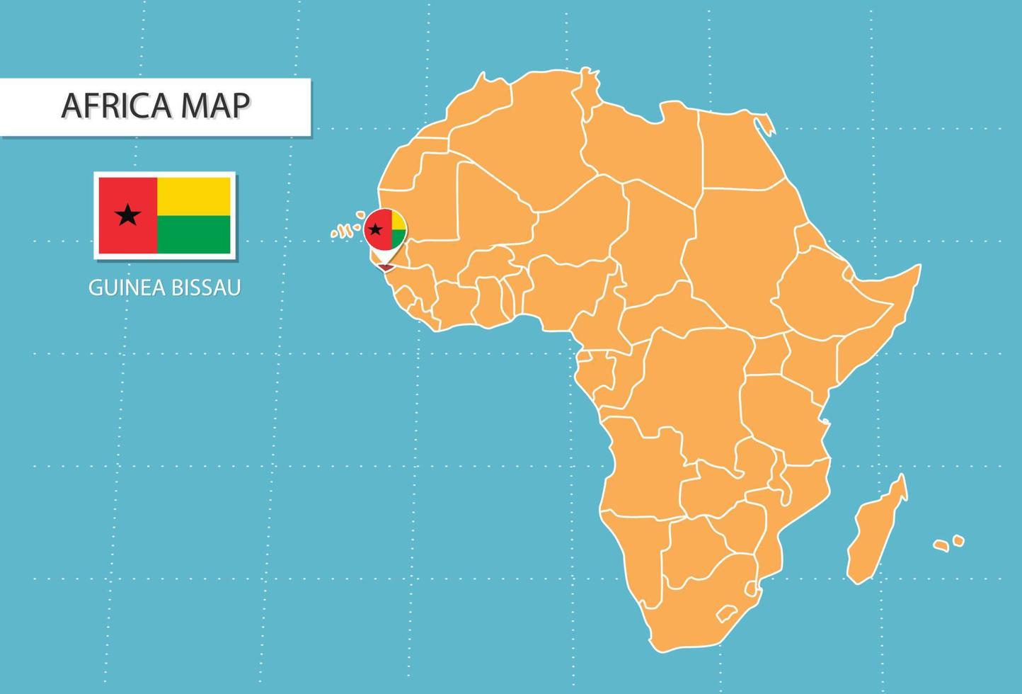 Guinea Bissau map in Africa, icons showing Guinea Bissau location and flags. vector