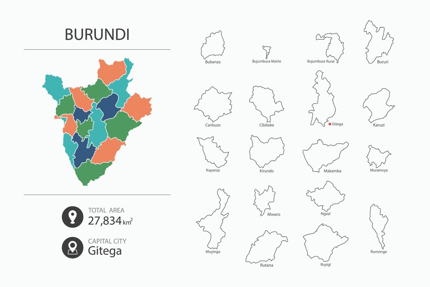 Map of Burundi with detailed country map. Map elements of cities, total