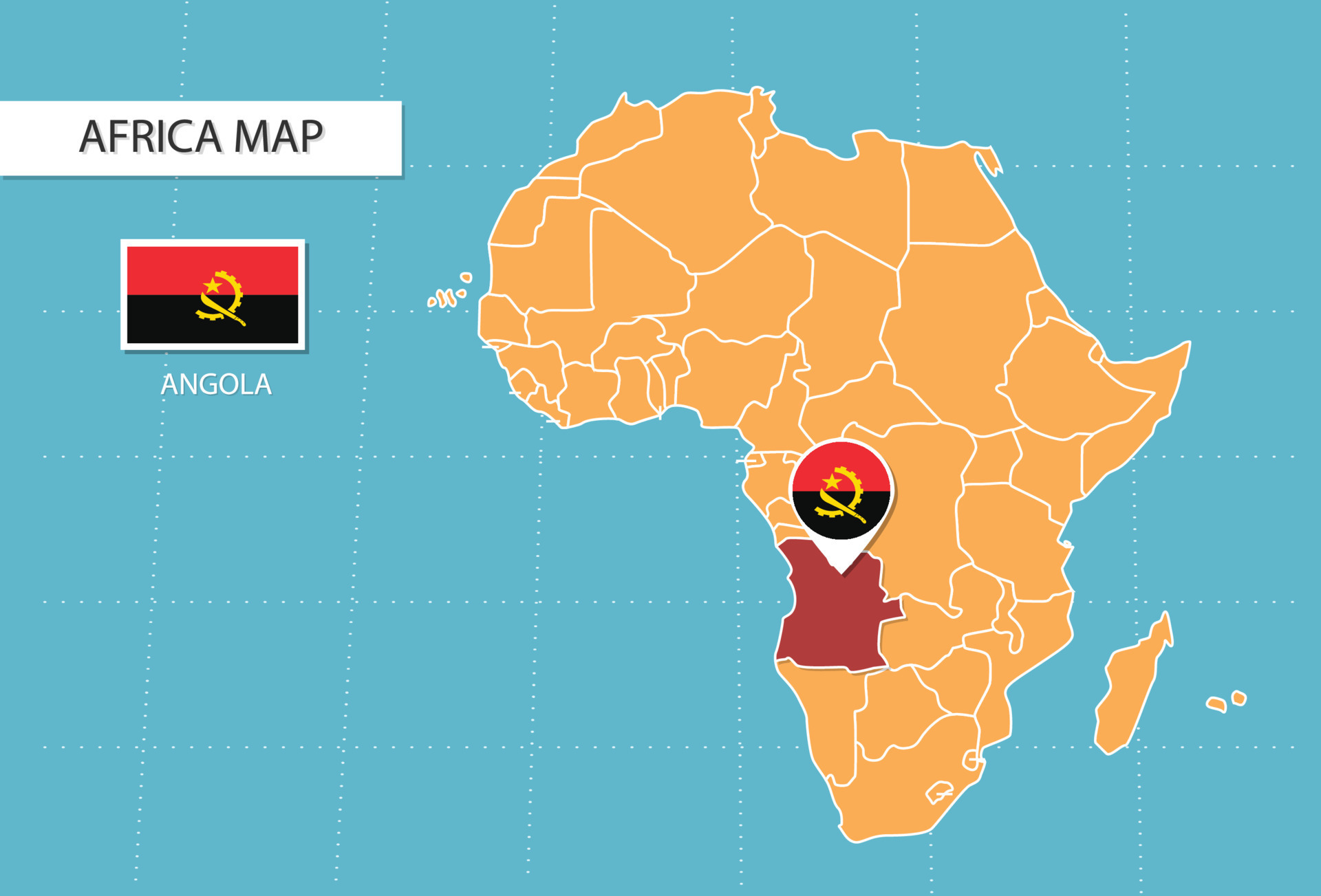 Angola map in Africa icons showing Angola location and flags