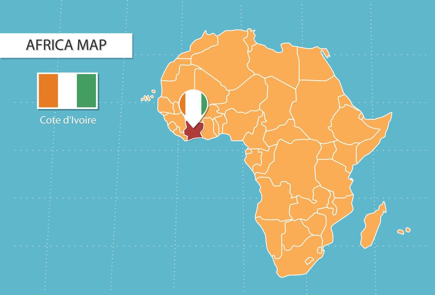 Cote d'Ivoire map in Africa, icons showing Cote d'Ivoire location and flags. vector