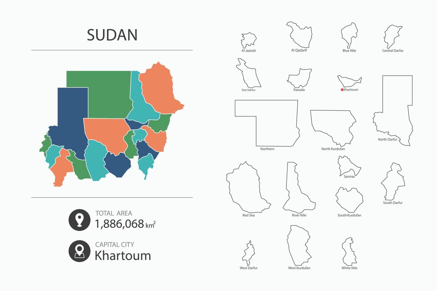 mapa de sudán con mapa detallado del país. elementos del mapa de ciudades, áreas totales y capital. vector