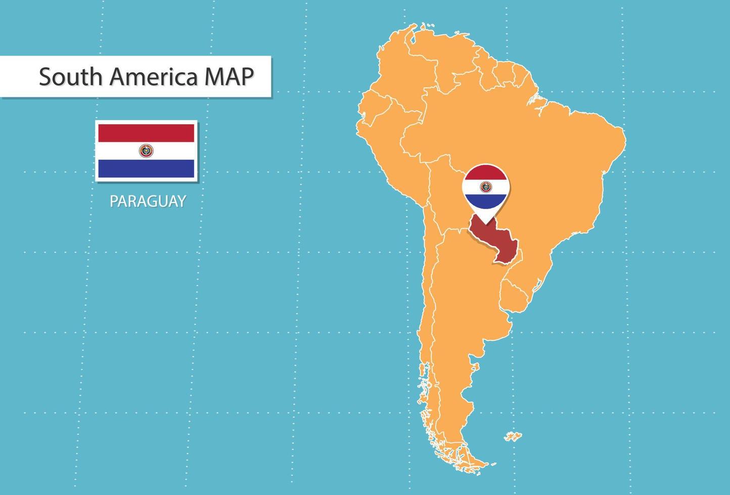 Paraguay map in America, icons showing Paraguay location and flags. vector