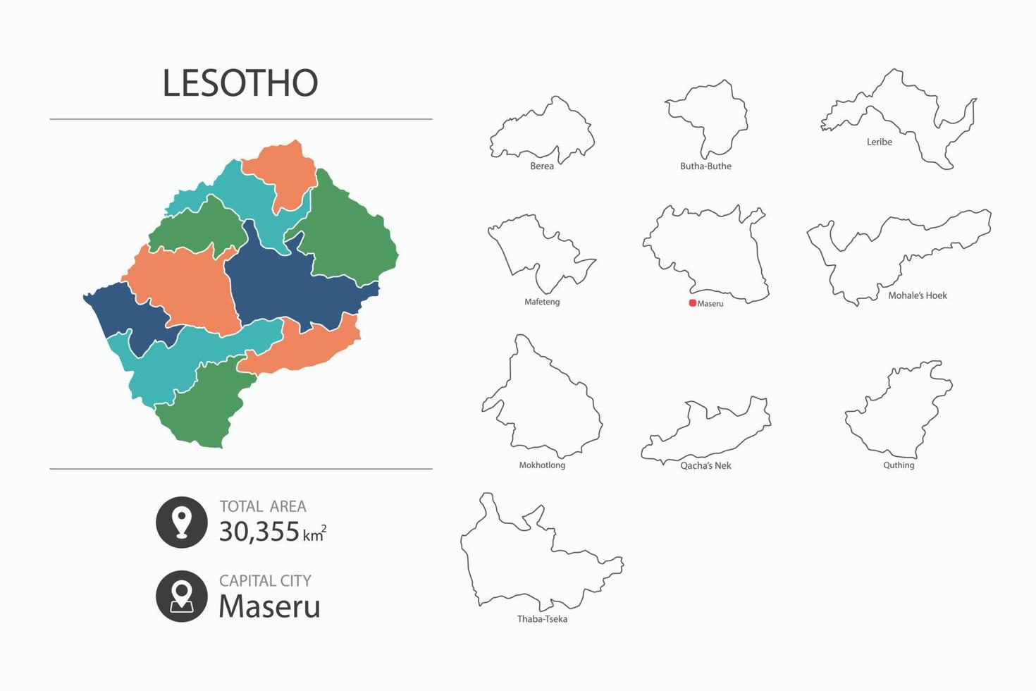 Map of Lesotho with detailed country map. Map elements of cities, total areas and capital. vector