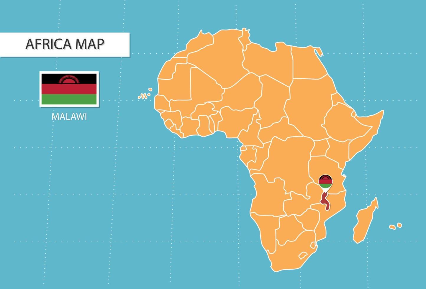 mapa de malawi en áfrica, iconos que muestran la ubicación y las banderas de malawi. vector