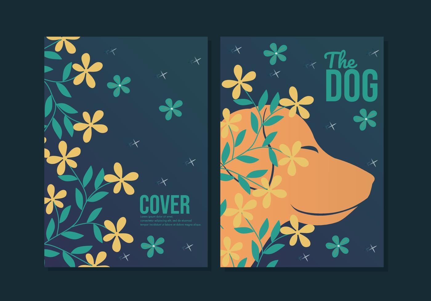 set of dog illustration book covers with floral elements. abstract botanical blue background. A4 size for children's books, notebooks, catalogs, story books, novels vector