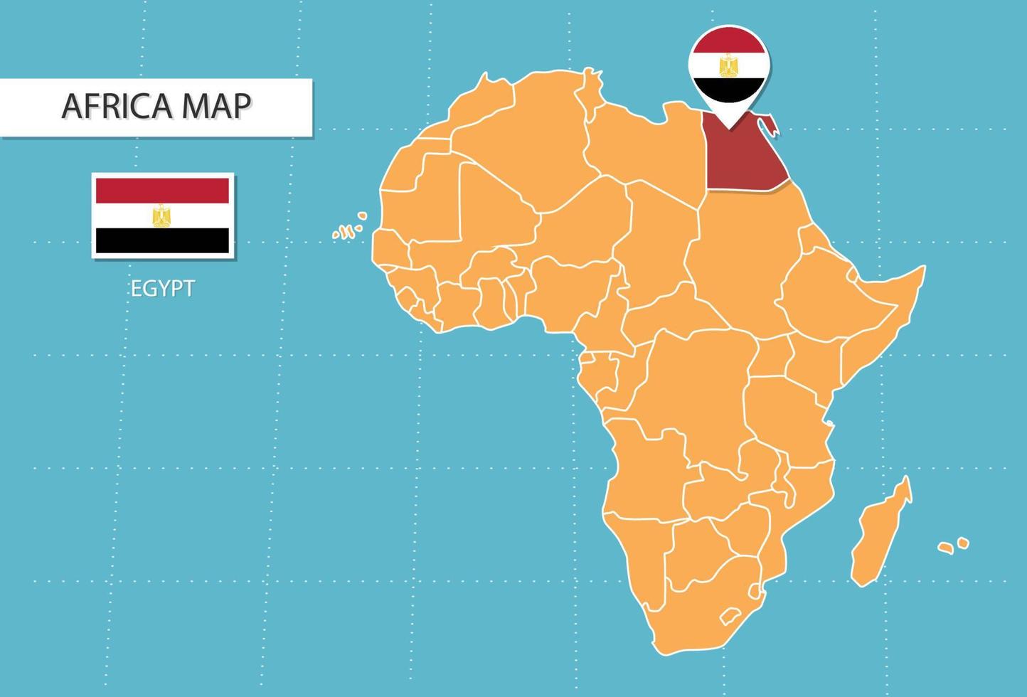 mapa de egipto en áfrica, íconos que muestran la ubicación de egipto y banderas. vector