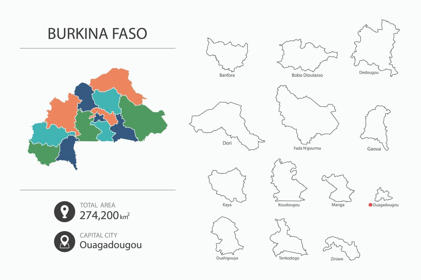 Map of Burkina Faso with detailed country map. Map elements of cities, total areas and capital. vector