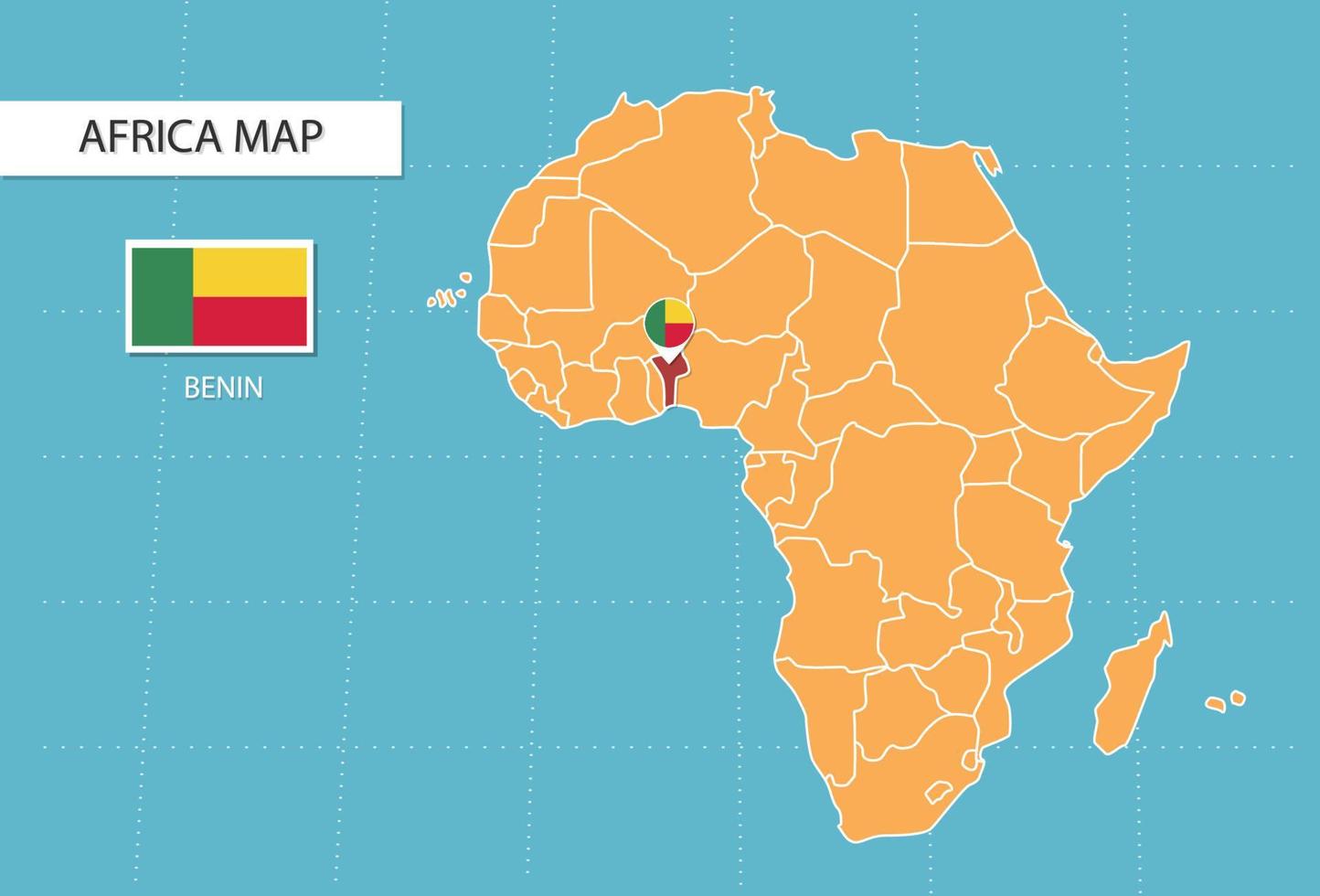 mapa de benin en áfrica, íconos que muestran la ubicación y las banderas de benin. vector