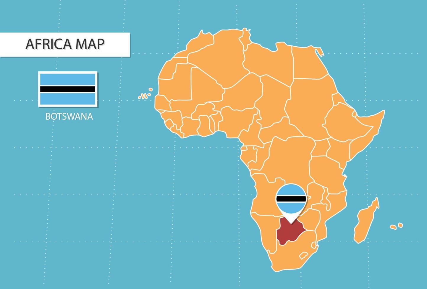 mapa de botswana en áfrica, íconos que muestran la ubicación y las banderas de botswana. vector