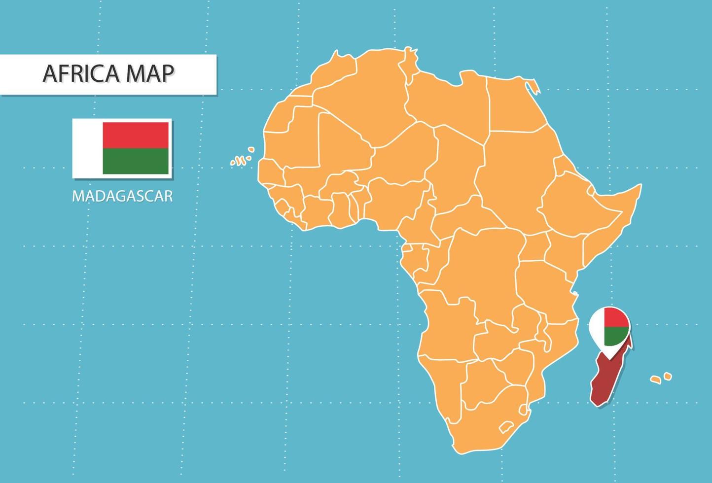 mapa de madagascar en áfrica, iconos que muestran la ubicación y las banderas de madagascar. vector