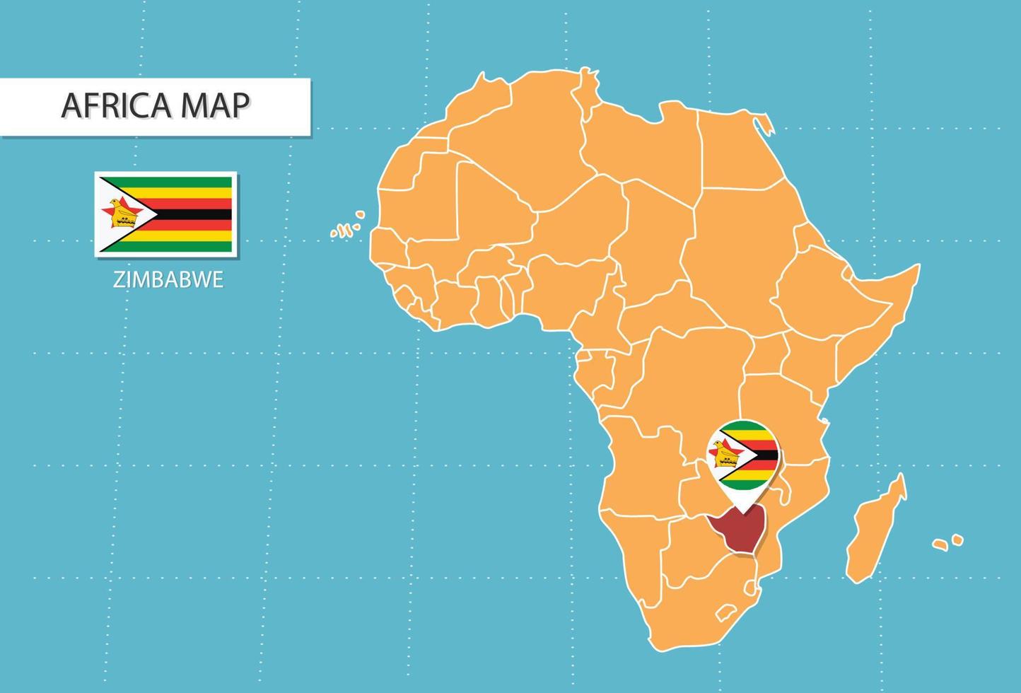 mapa de zimbabwe en áfrica, iconos que muestran la ubicación y las banderas de zimbabwe. vector