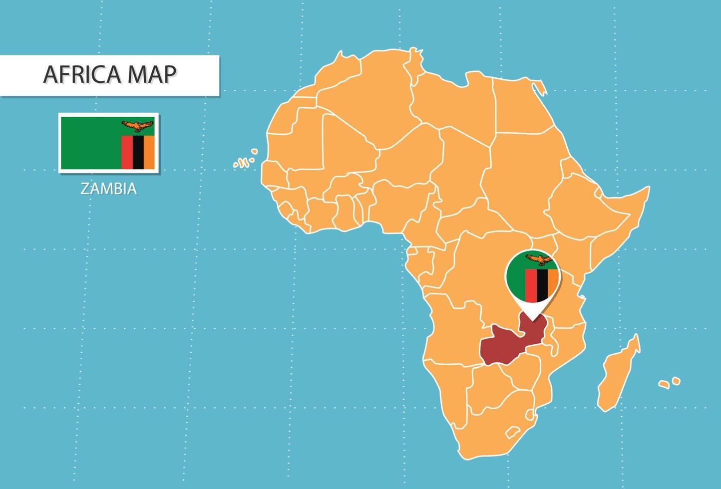 mapa de zambia en áfrica, iconos que muestran la ubicación y las banderas de zambia. vector