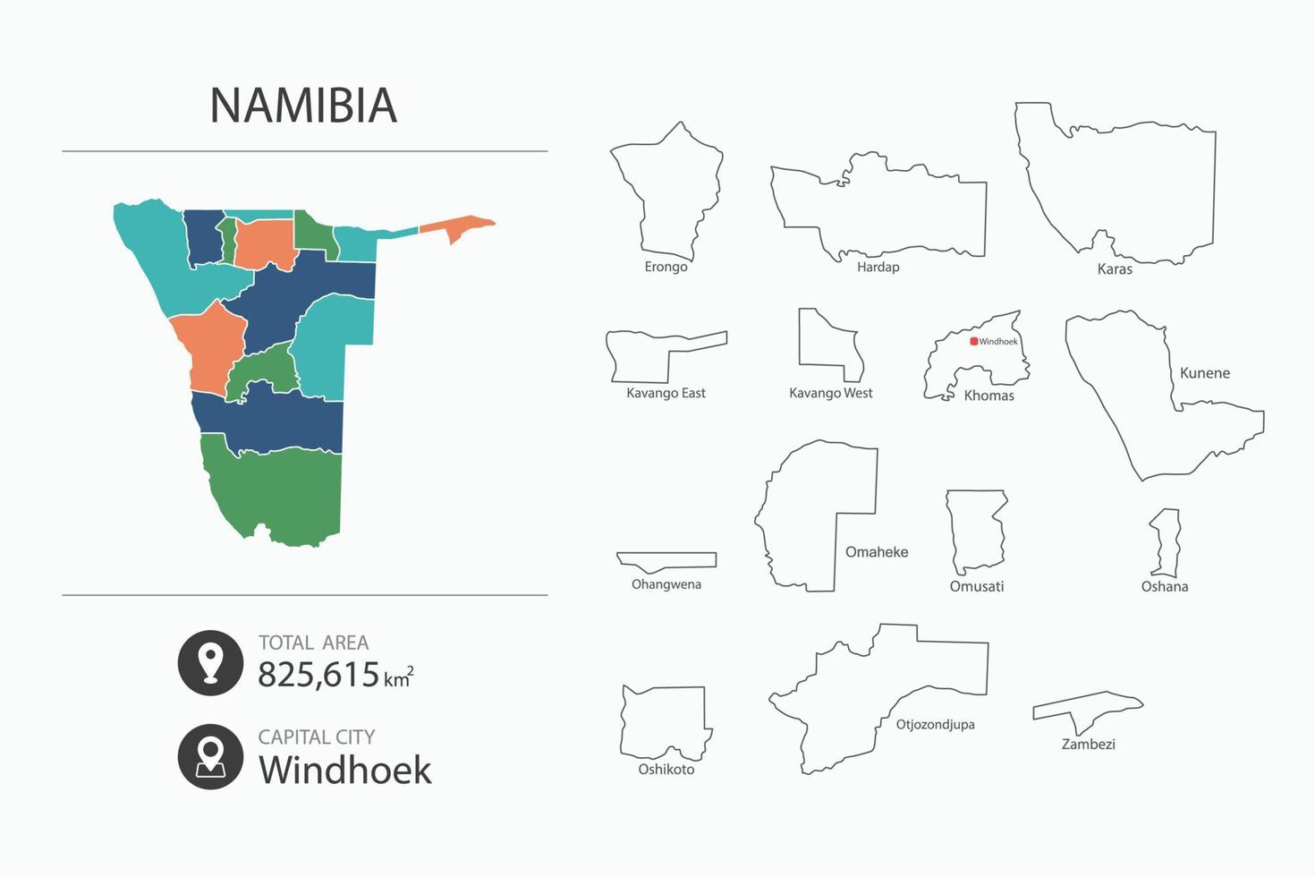 Map of Namibia with detailed country map. Map elements of cities, total areas and capital. vector