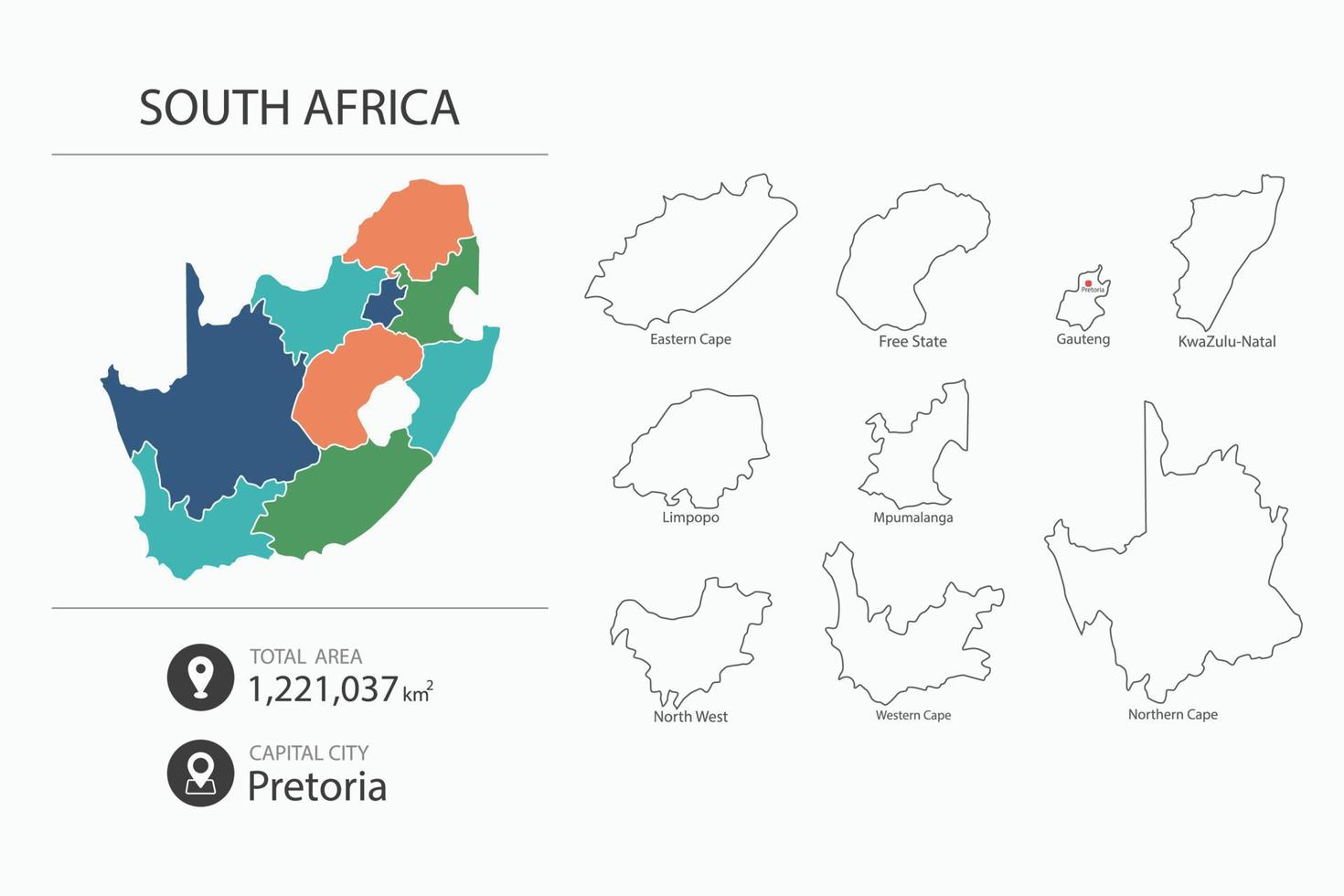 mapa de sudáfrica con mapa detallado del país. elementos del mapa de ciudades, áreas totales y capital. vector