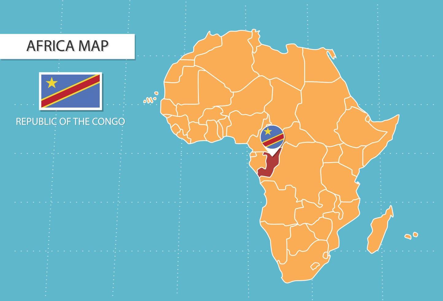 mapa de la república del congo en áfrica, íconos que muestran la ubicación y las banderas de la república del congo. vector