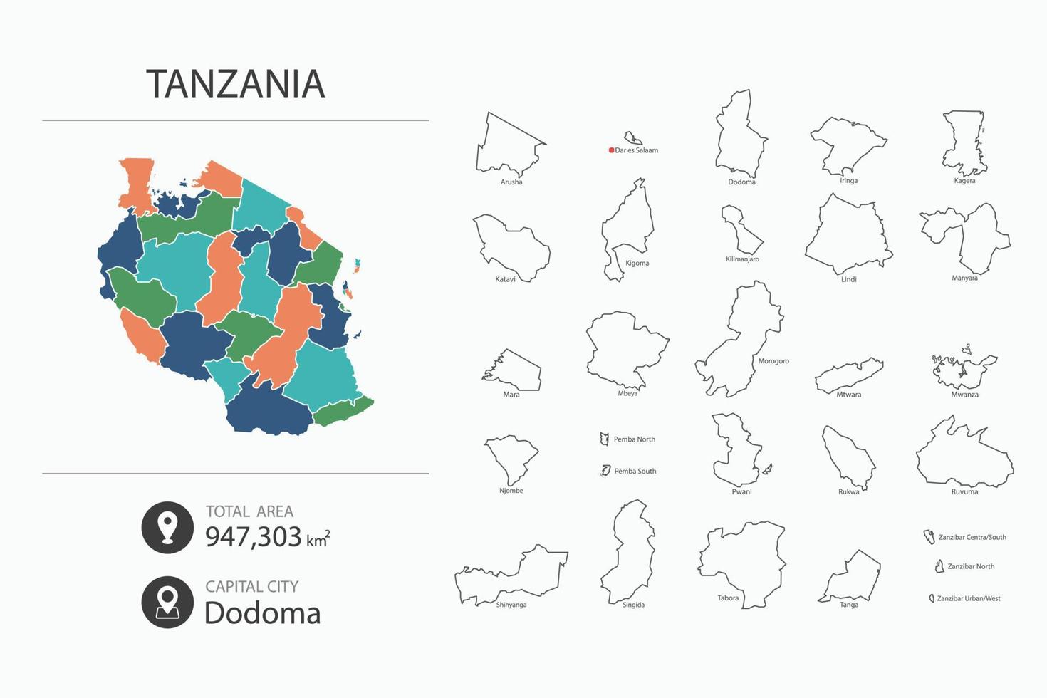Map of Tanzania with detailed country map. Map elements of cities, total areas and capital. vector