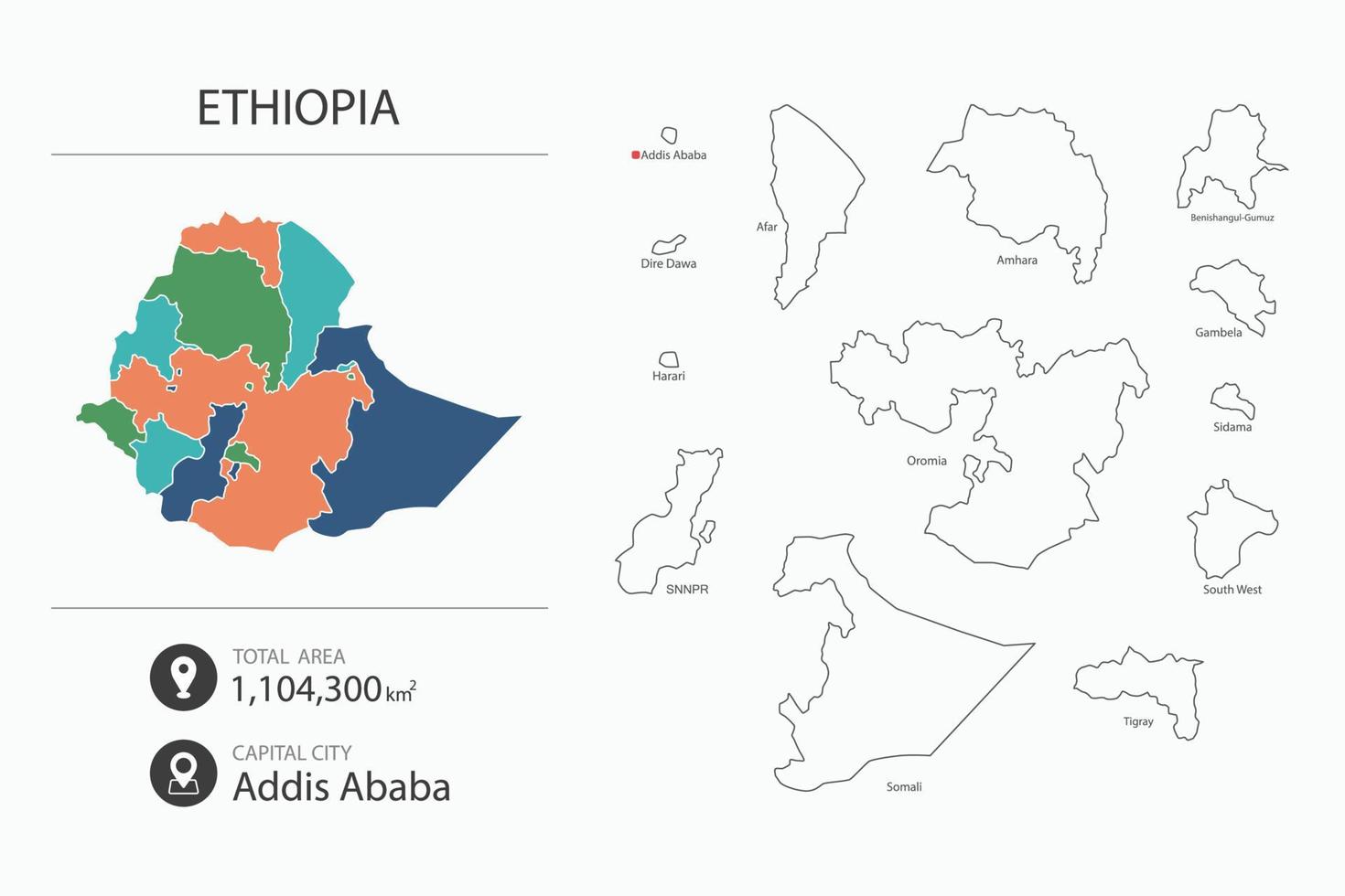Map of Ethiopia with detailed country map. Map elements of cities, total areas and capital. vector