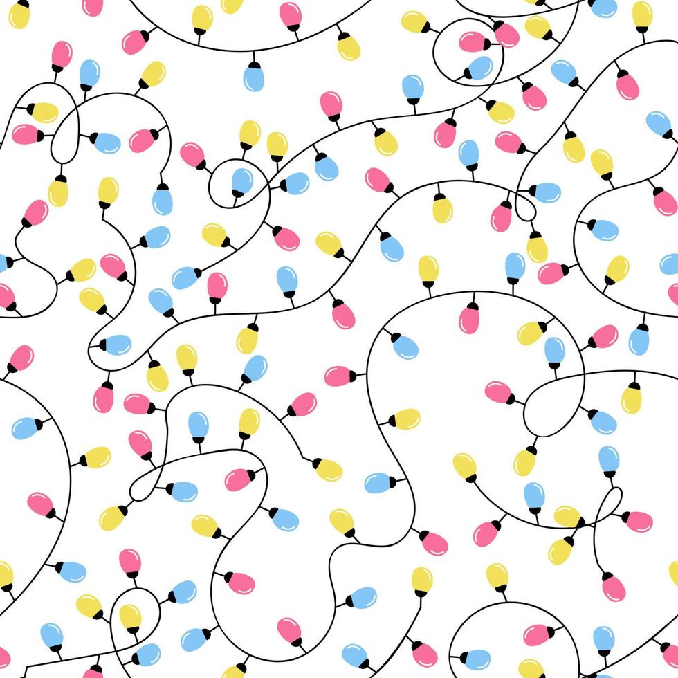 Vector modern colorful seamless background with illustrations of twinkle lights Christmas decorations. For wallpaper, textile print, web page, surface textures, wrapping paper, design of presentation