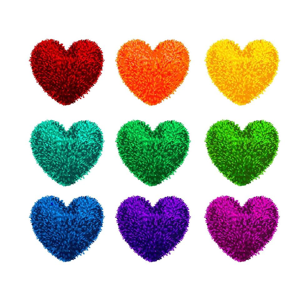 conjunto de colores vectoriales con pompones esponjosos ilustrativos en forma de corazón aislado en fondo blanco. elementos decorativos para el diseño del día de san valentín vector
