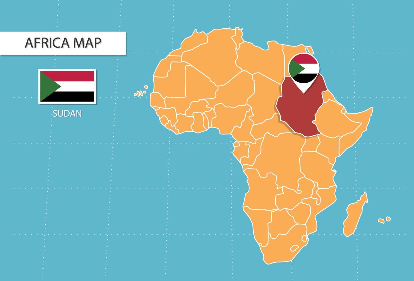 mapa de sudán en áfrica, iconos que muestran la ubicación y las banderas de sudán. vector