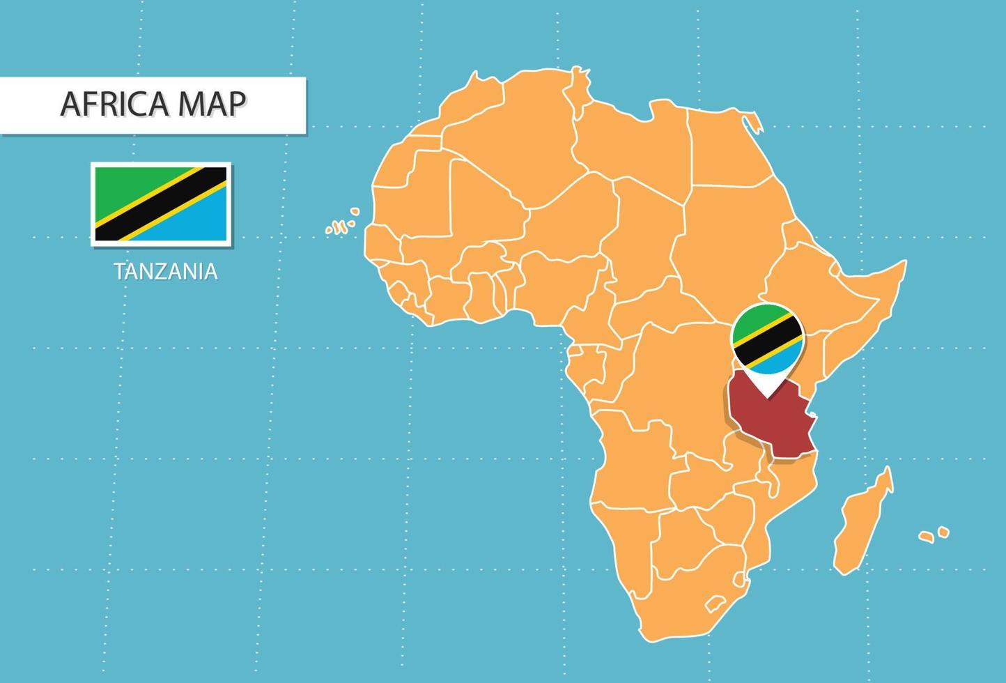 mapa de tanzania en áfrica, iconos que muestran la ubicación y las banderas de tanzania. vector