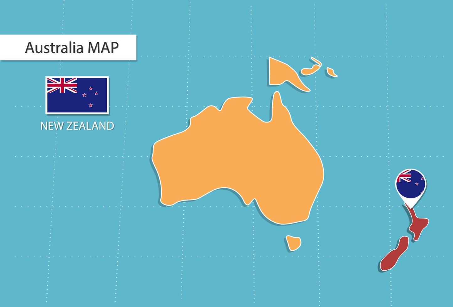 mapa de nueva zelanda en australia, íconos que muestran la ubicación y las banderas de nueva zelanda. vector