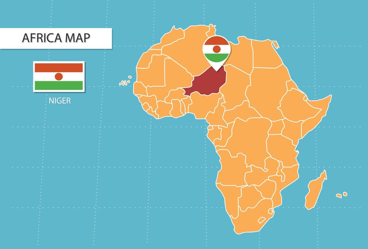mapa de níger en áfrica, iconos que muestran la ubicación y las banderas de níger. vector