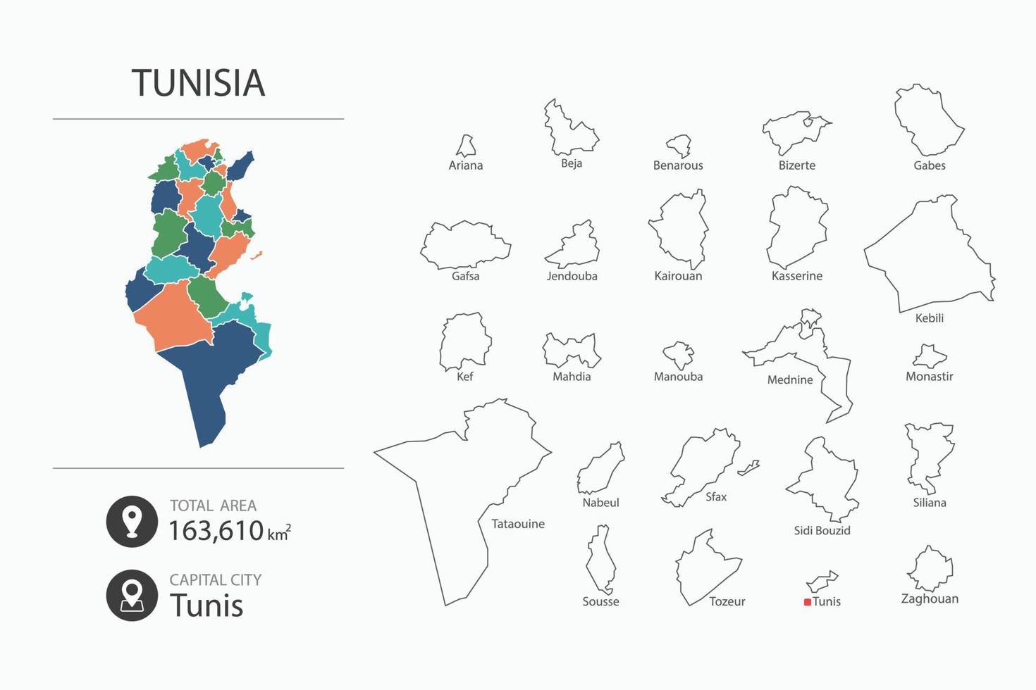 Map of Tunisia with detailed country map. Map elements of cities, total areas and capital. vector