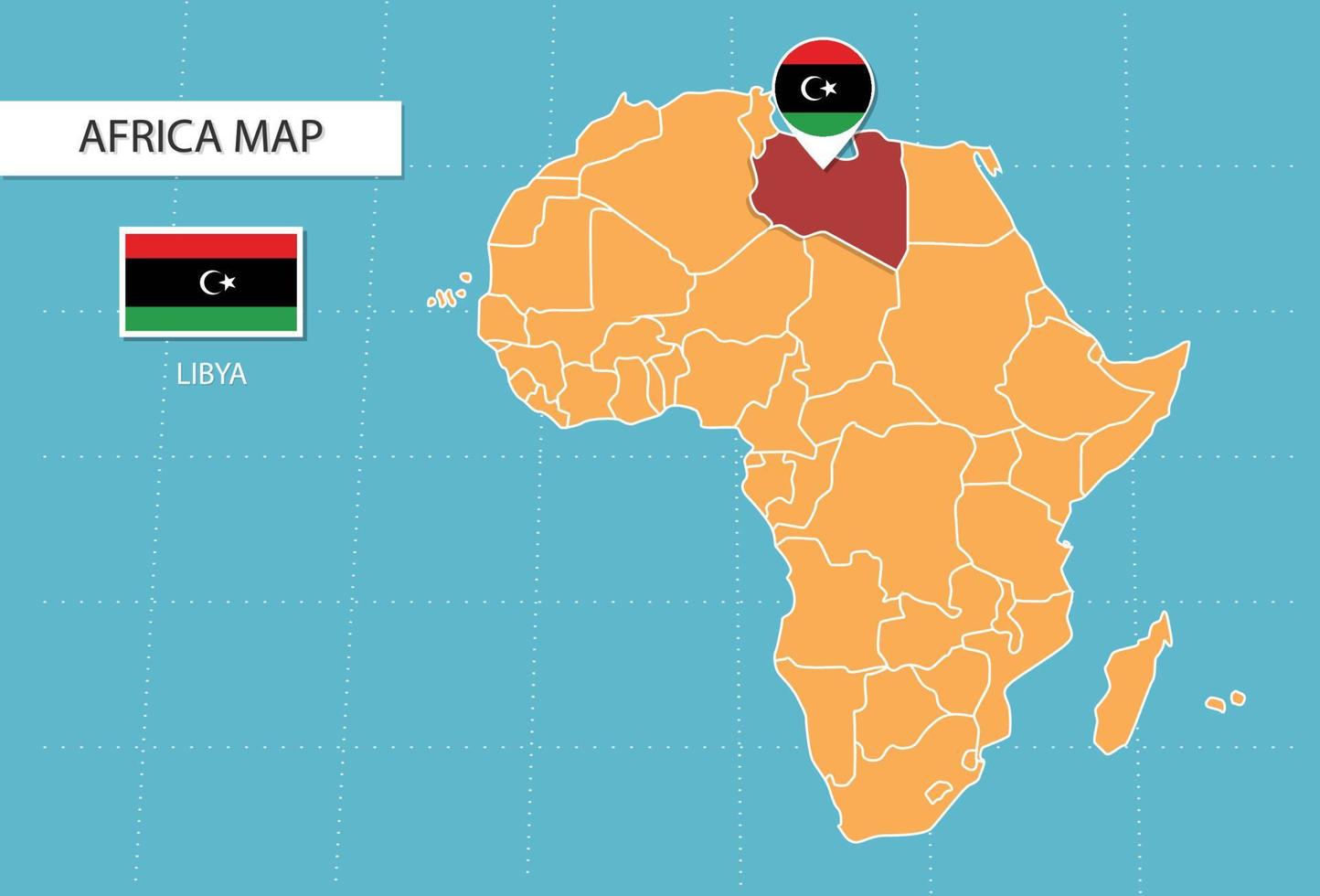 mapa de libia en áfrica, iconos que muestran la ubicación y las banderas de libia. vector