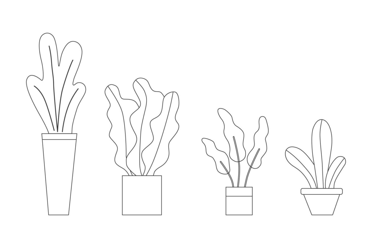 Potted plants collection sorted in order big to small by black thin line set collection illustration. vector