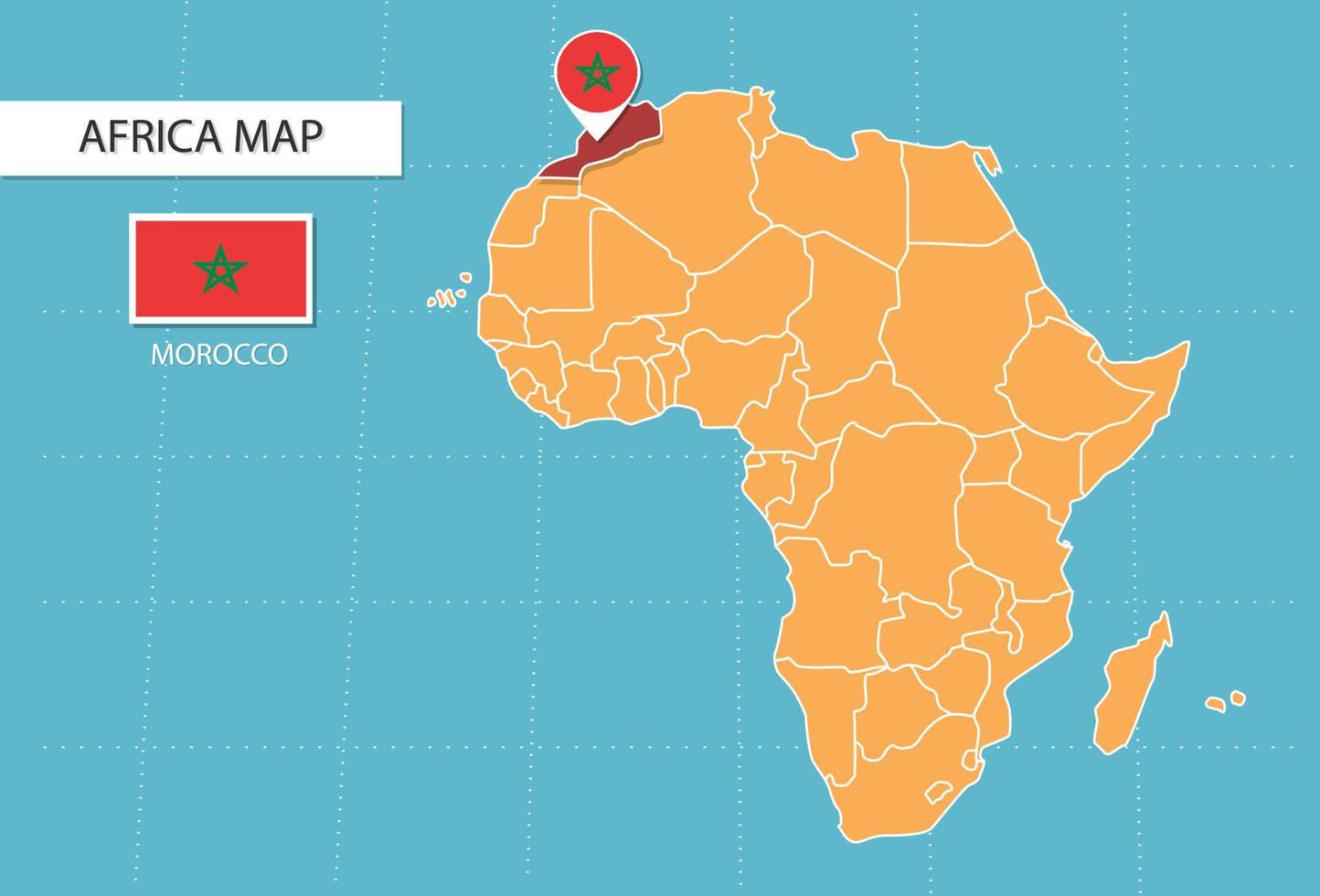 mapa de marruecos en áfrica, íconos que muestran la ubicación y banderas de senegal. vector