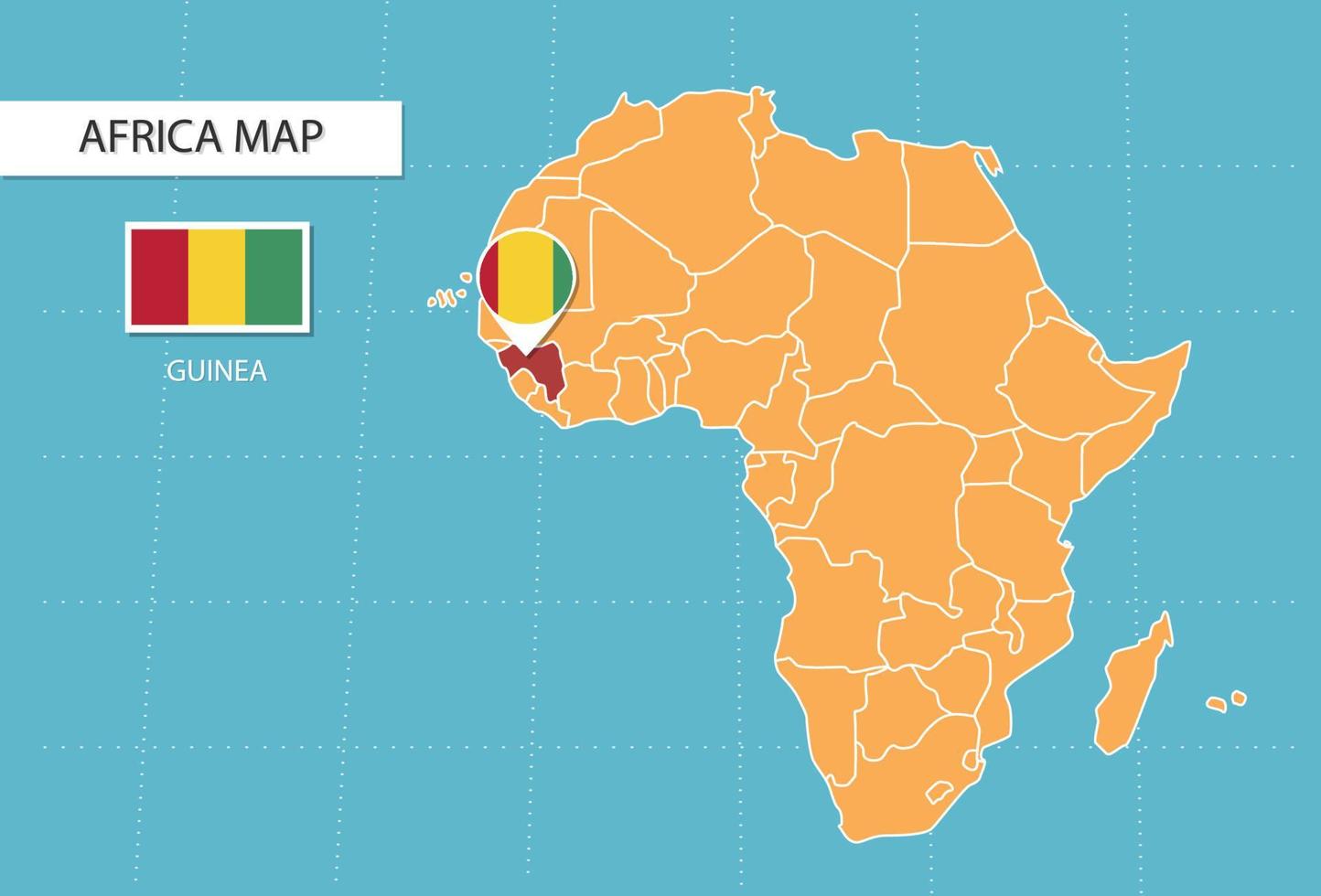 mapa de guinea en áfrica, íconos que muestran la ubicación y banderas de guinea. vector