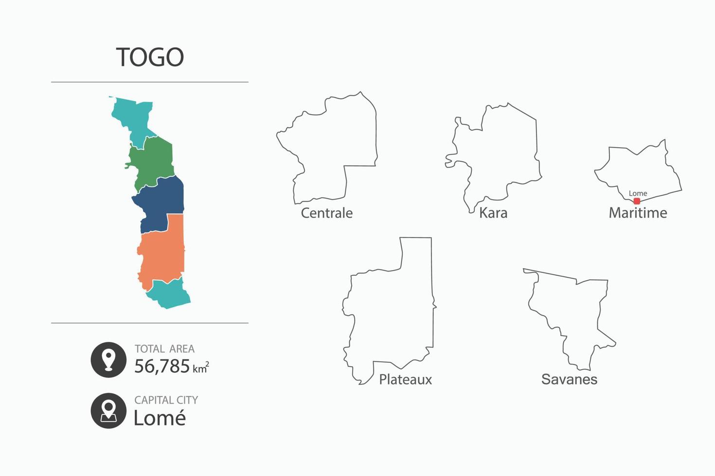 Map of Togo with detailed country map. Map elements of cities, total areas and capital. vector