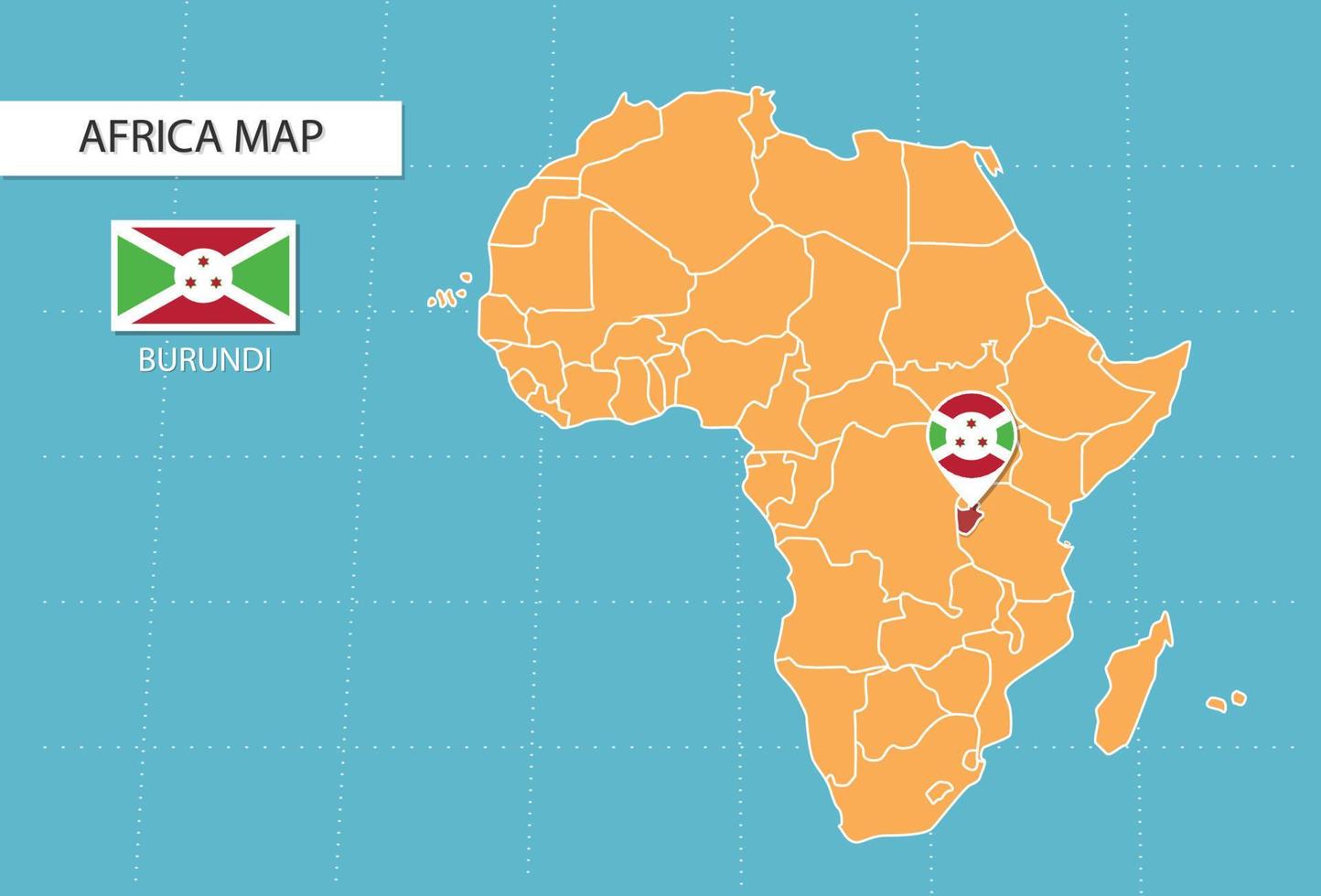 mapa de burundi en áfrica, iconos que muestran la ubicación y las banderas de burundi. vector