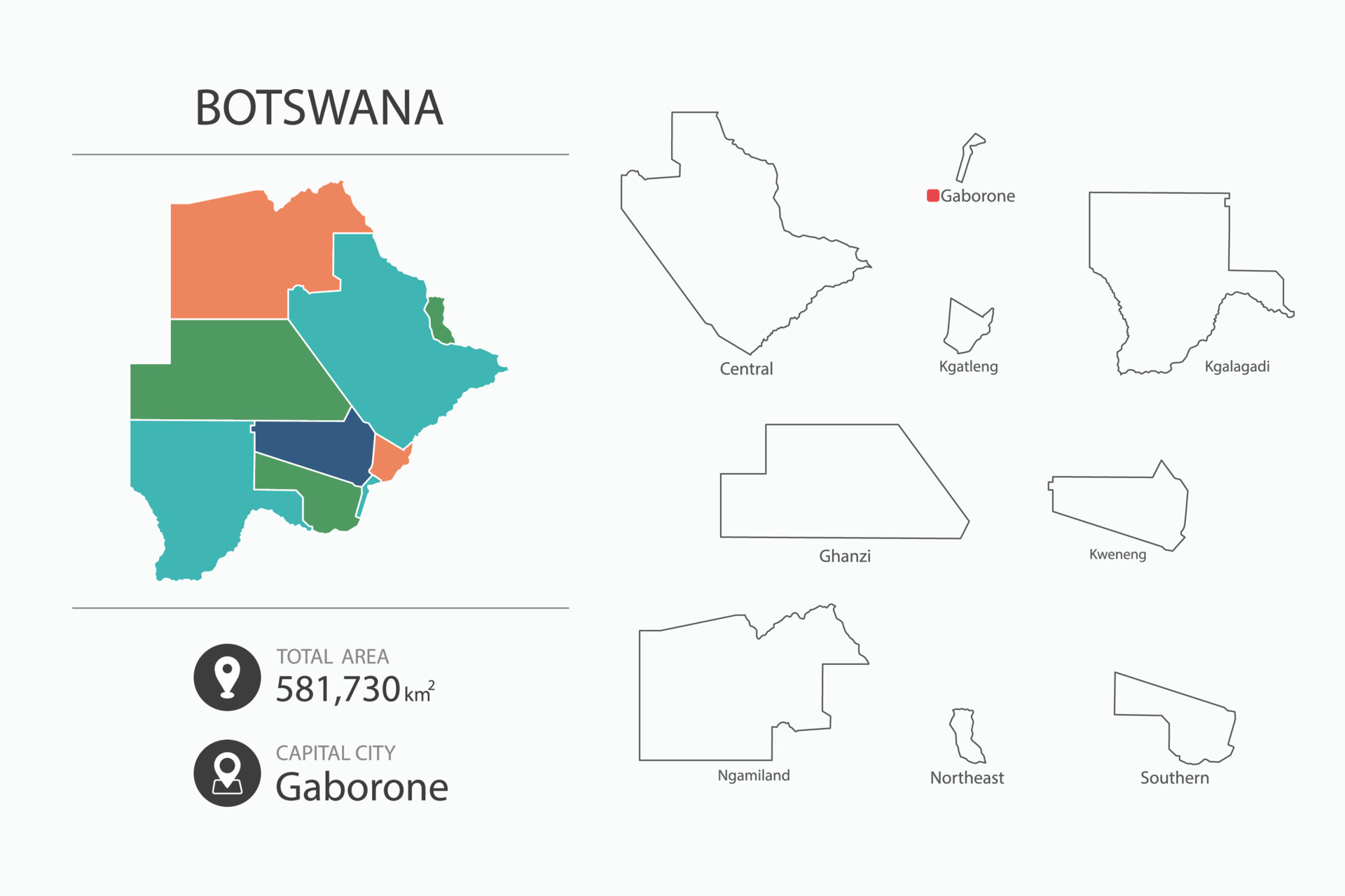 Map of Botswana with detailed country map. Map elements of cities, total areas and capital