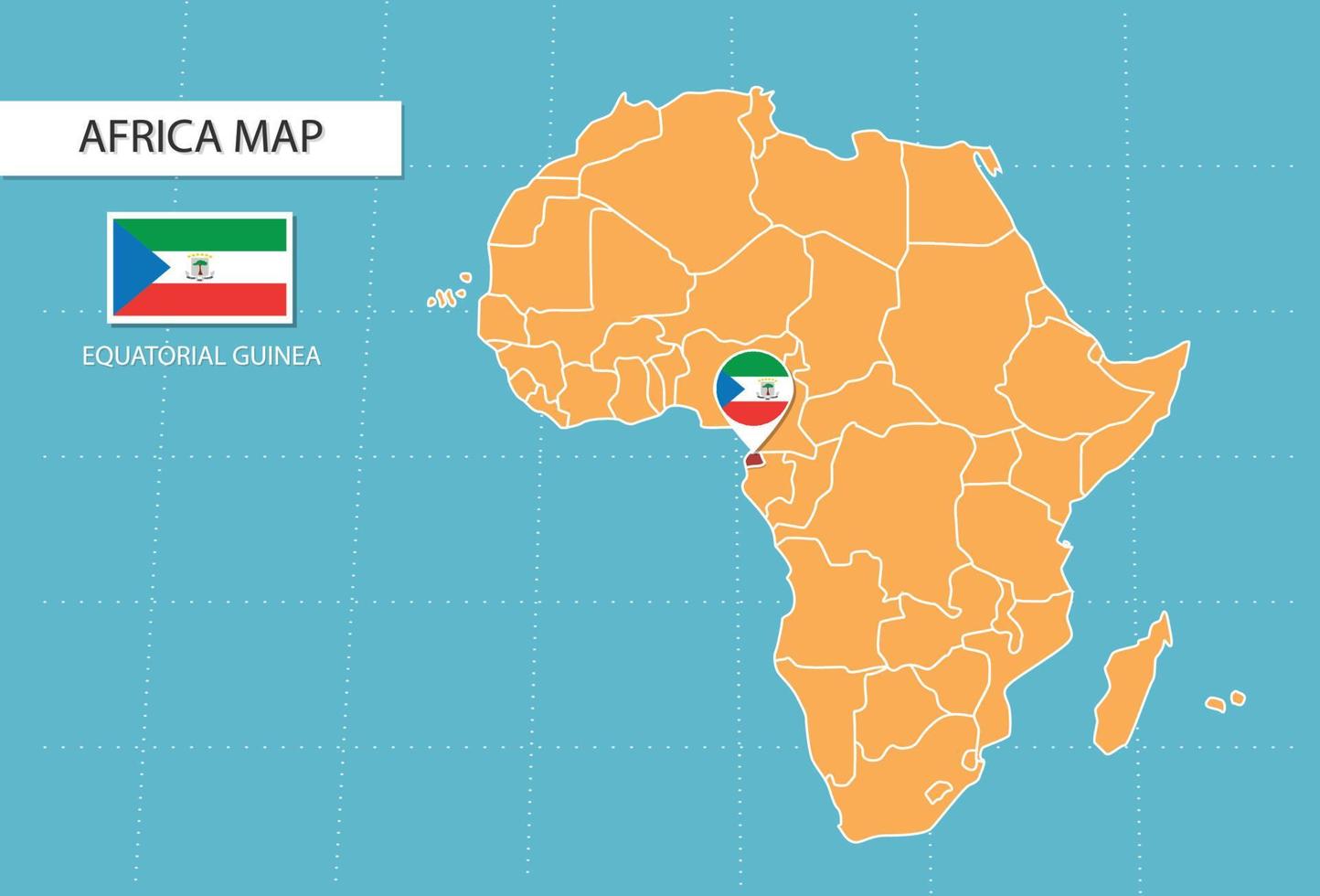 mapa de guinea ecuatorial en áfrica, íconos que muestran la ubicación y banderas de guinea ecuatorial. vector