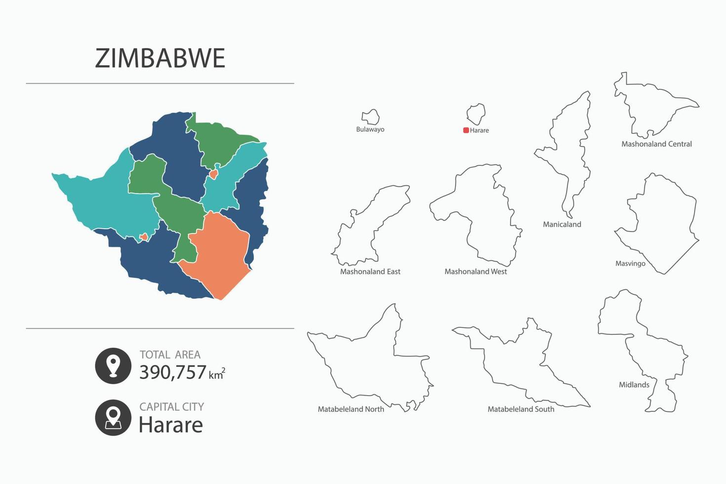 Map of Zimbabwe with detailed country map. Map elements of cities, total areas and capital. vector