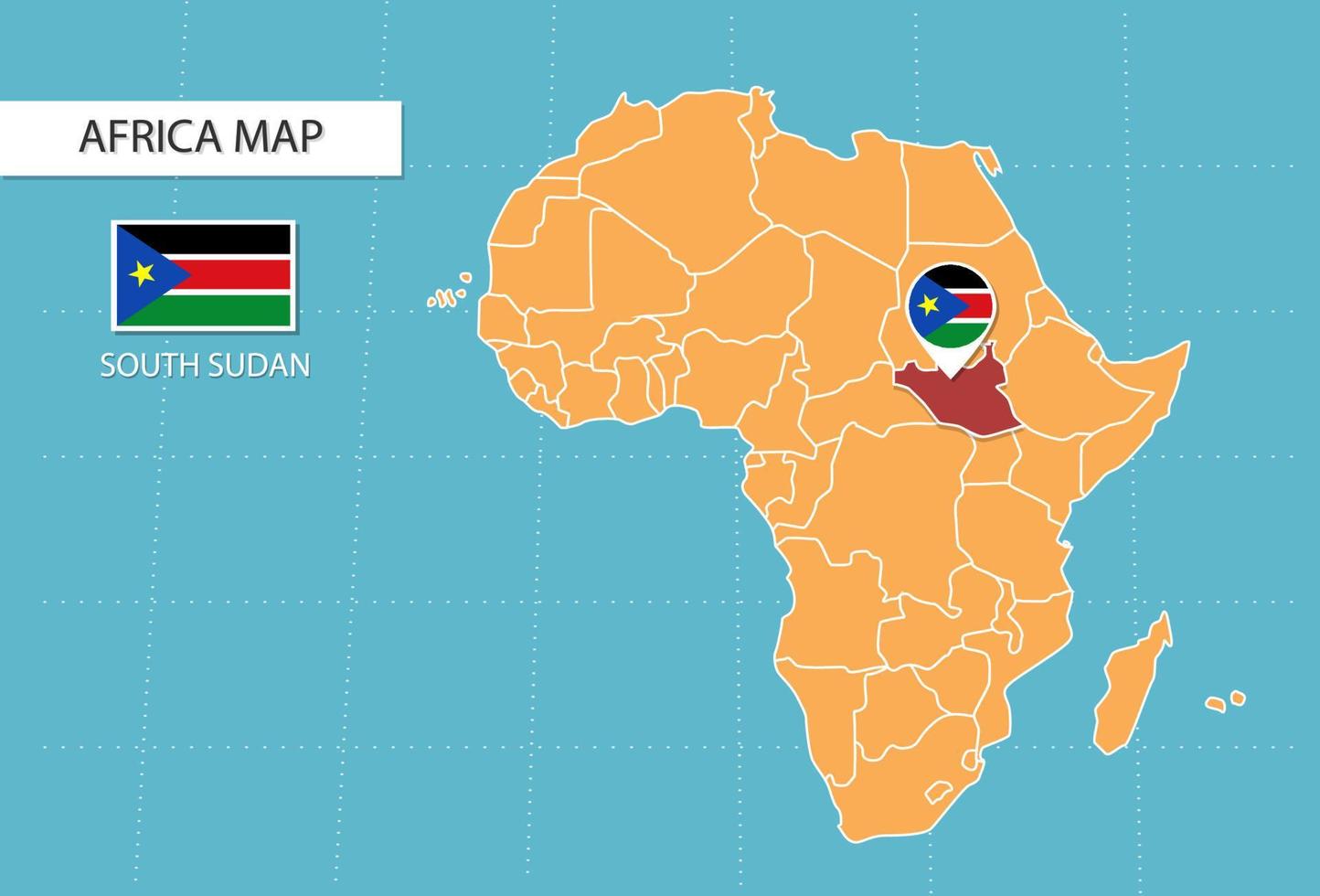 mapa de sudán del sur en áfrica, íconos que muestran la ubicación y las banderas de sudán del sur. vector